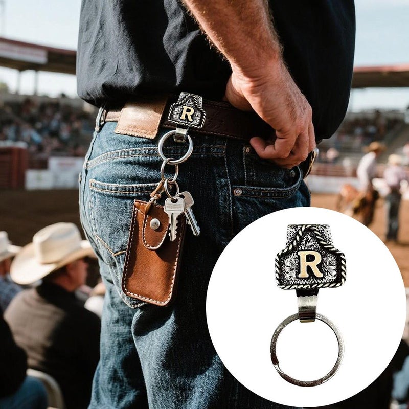 Western Cow Tag Key Holder - Vintage Metal Initial Keychain with Belt Clip, Rustic Cowboy Keychain for Belt or Pocket (Style T) - Image 5